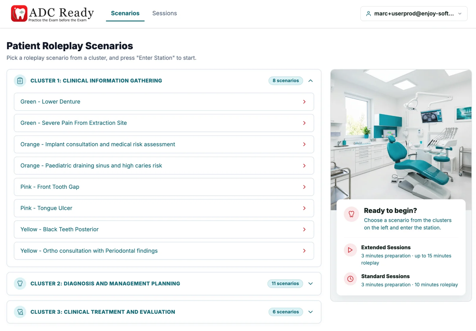 ADC Ready scenario picker grouped into clinical clusters