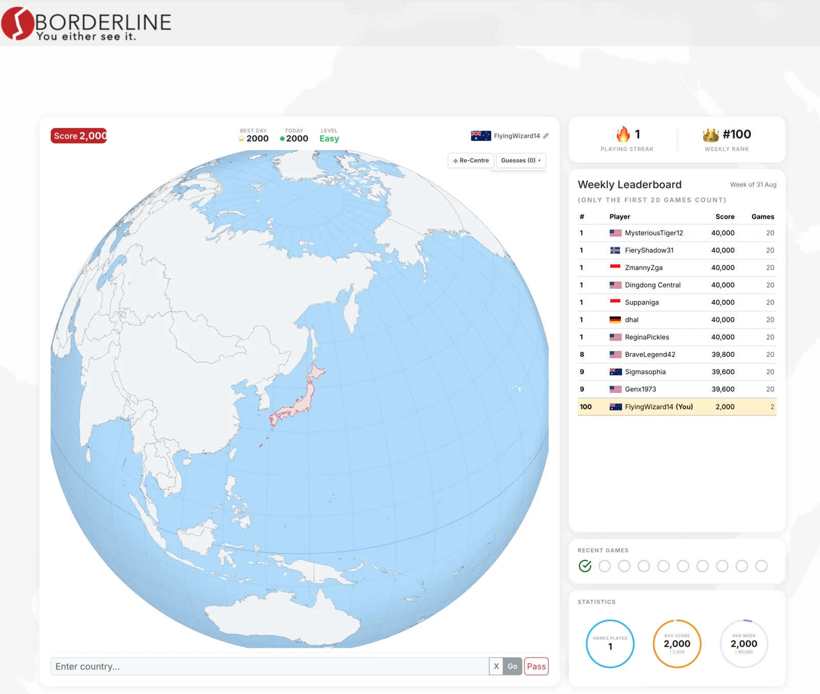 Borderline interactive globe with a highlighted country, score panel and weekly leaderboard