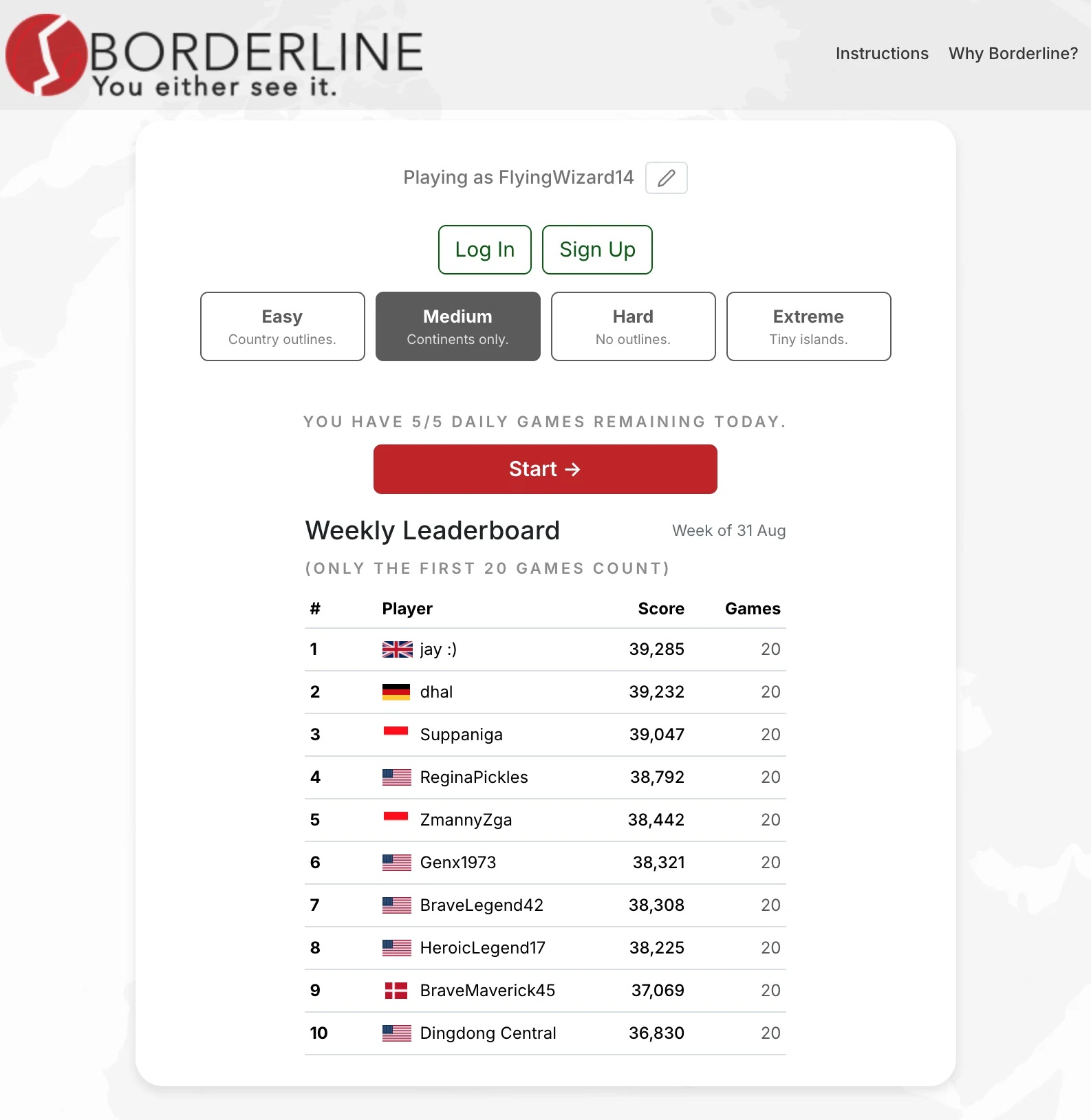 Borderline home screen with difficulty selection and weekly leaderboard