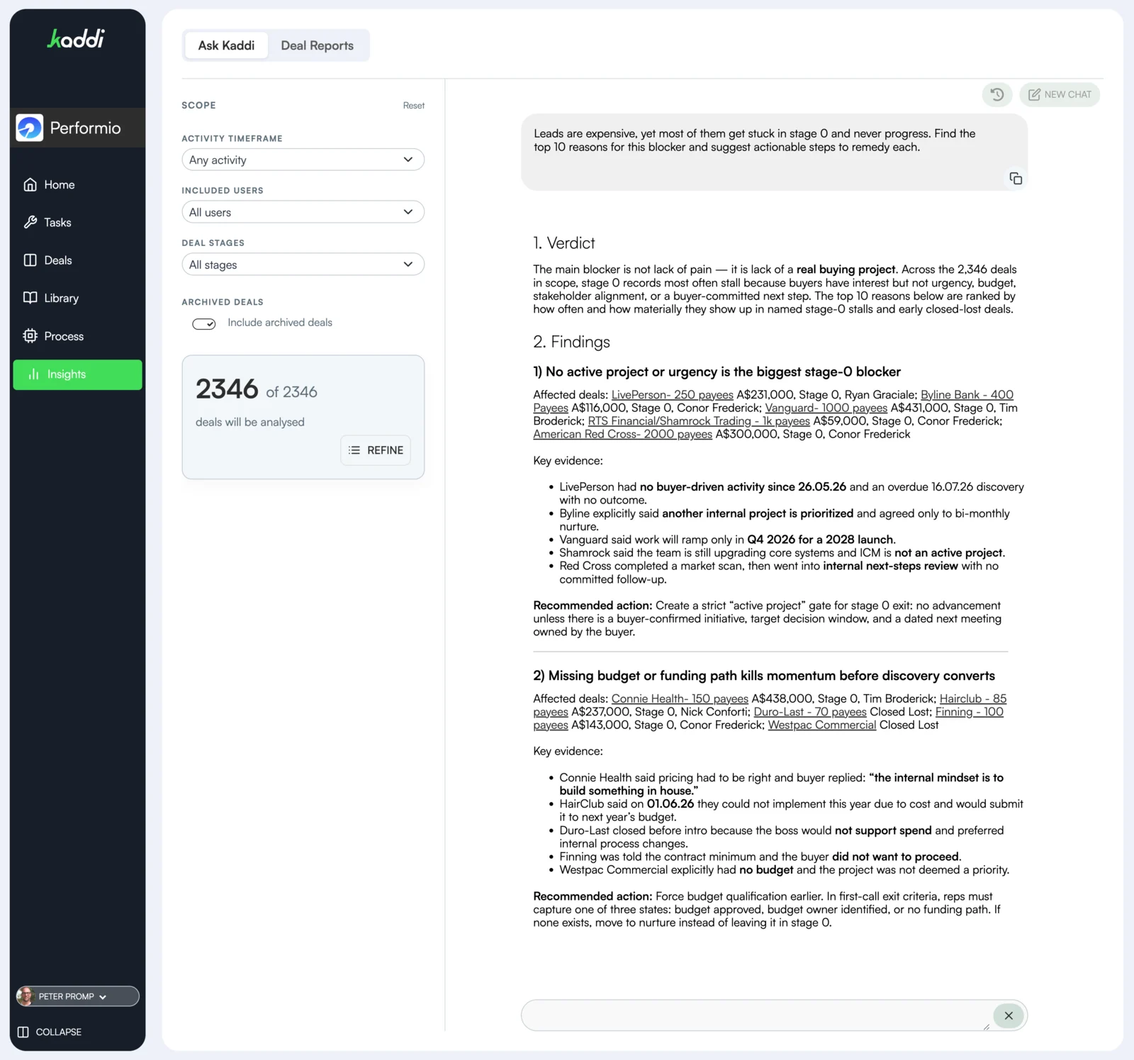 Kaddi Insights screen analysing 2,346 deals for stage-zero blockers
