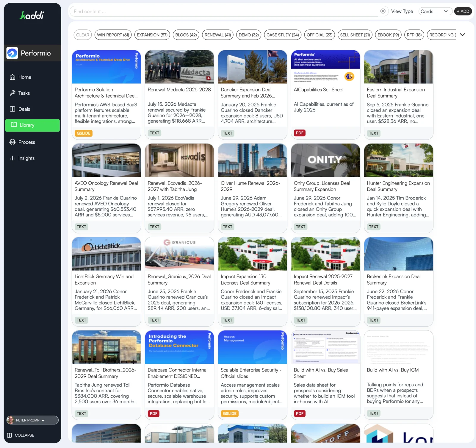 Kaddi content library grid with type filters
